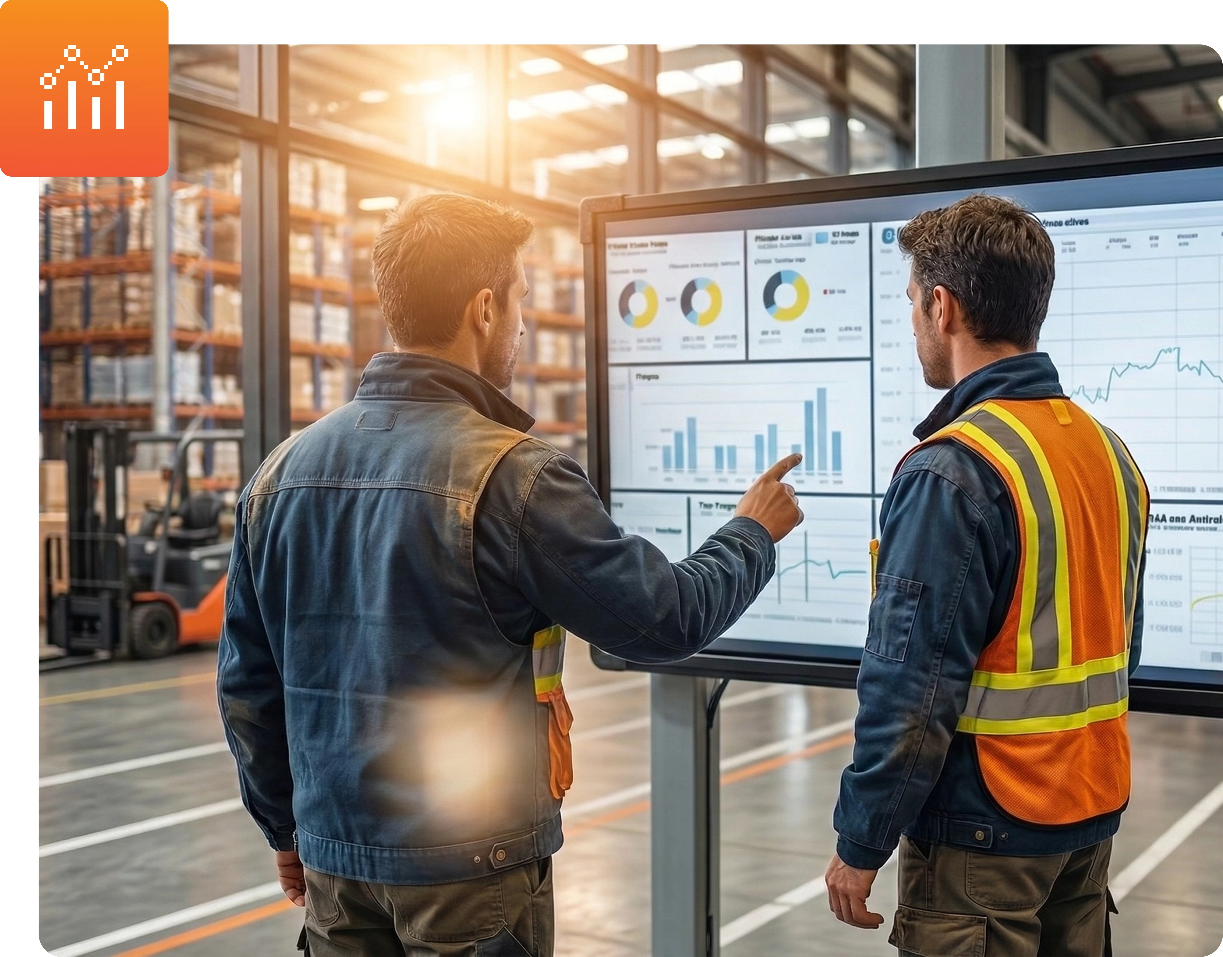 Two workers in safety vests analyze graphs on a large screen in a warehouse.