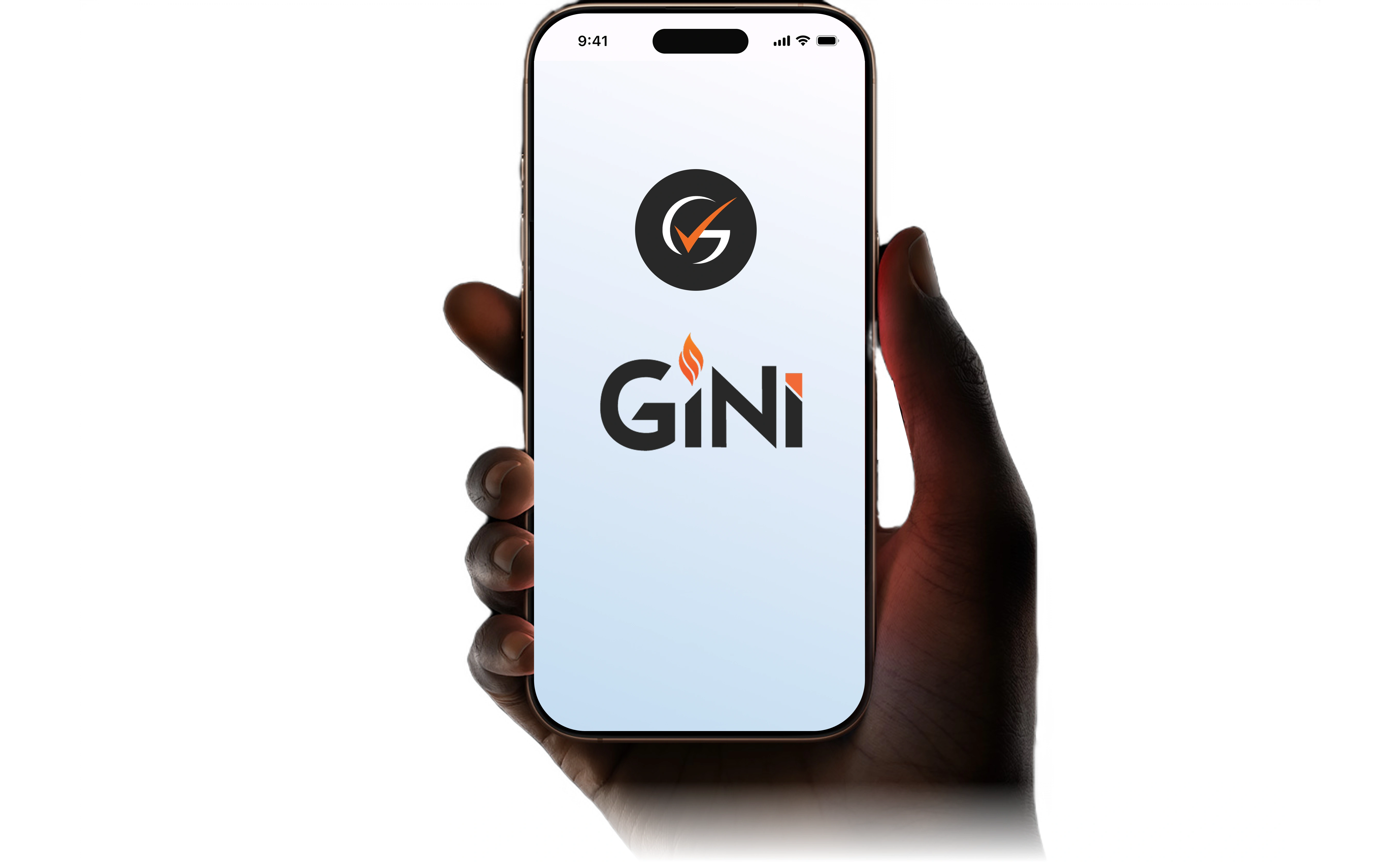  A hand holds a smartphone displaying a GiNi mobile app with a checklist for analyzing hydraulic fluid. Surrounding text highlights features like capturing evidence, build custom checklists, and get help on-demand