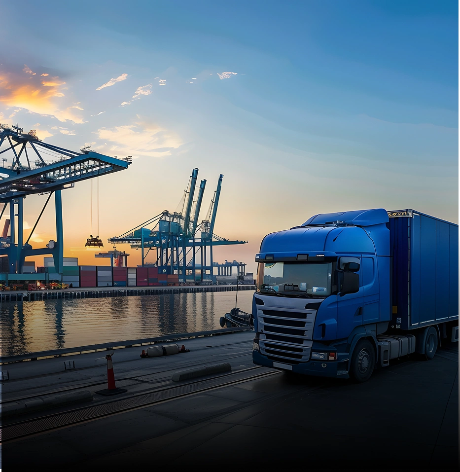 Logistics truck at port with cranes and shipping containers, representing transport and supply chain operations.