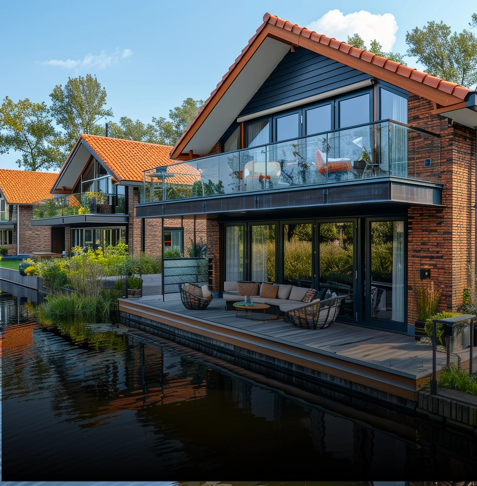 Modern real estate house with landscaped yard, showcasing property and housing sector. 