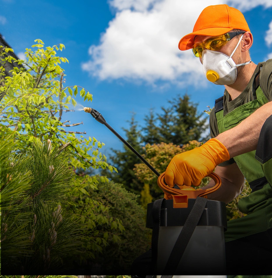 Pest control worker in protective gear spraying chemicals outdoors, ensuring hygiene and pest prevention.