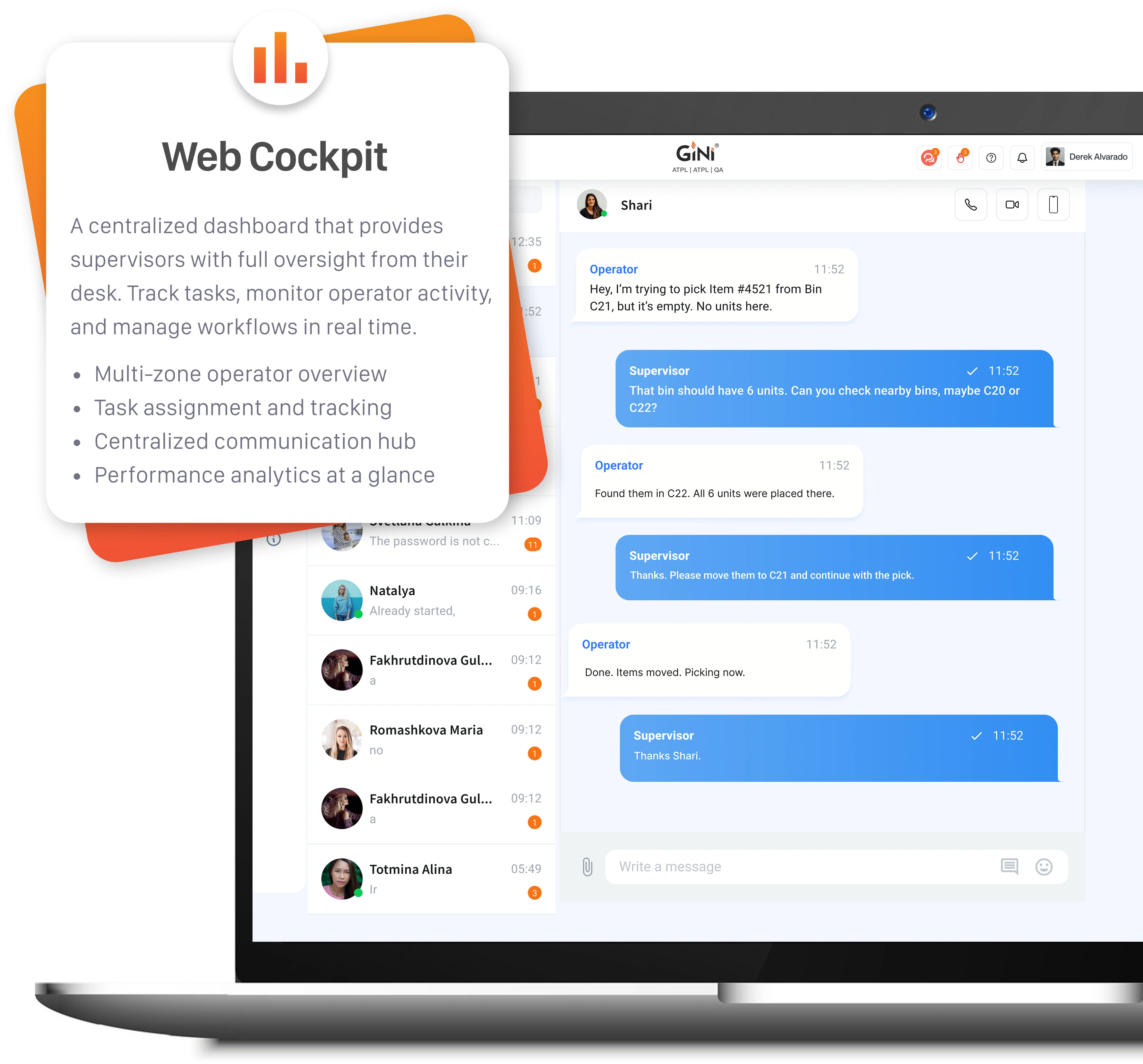 The computer screen shows the GiNi Web Cockpit dashboard, with chat messages between supervisor and operator, user profiles, and task management tools for real‑time workflow oversight.