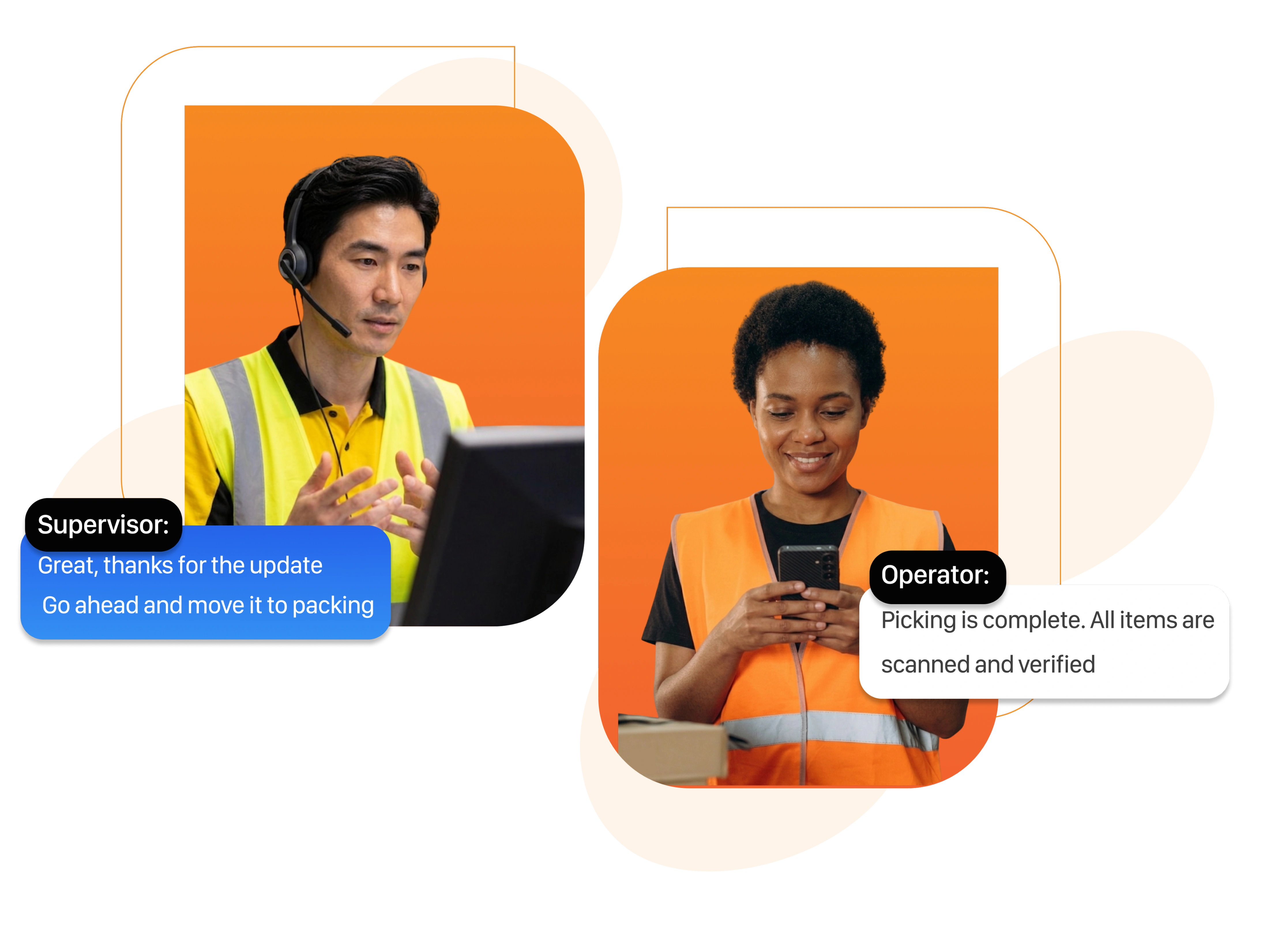 Supervisor in a yellow safety vest and headset communicates with an operator in a matching vest, who scans items on a mobile device. Both appear professional highlighting clear workplace communication.