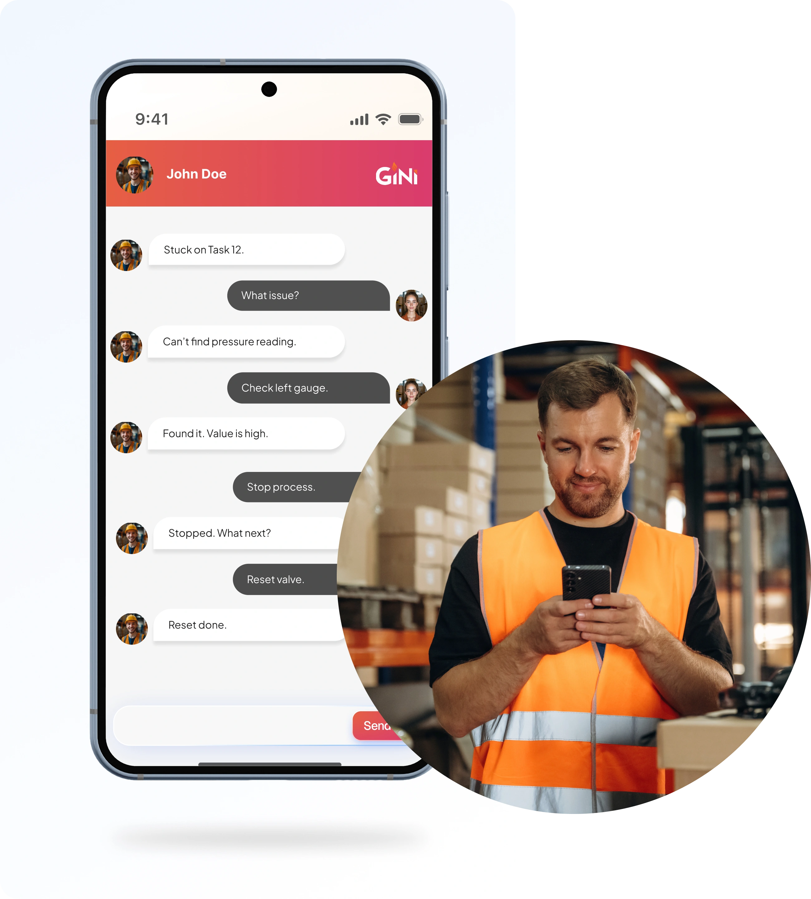 Man in an orange safety vest uses a smartphone in a warehouse, with an overlay of the GiNi messaging app showing a work-related chat.