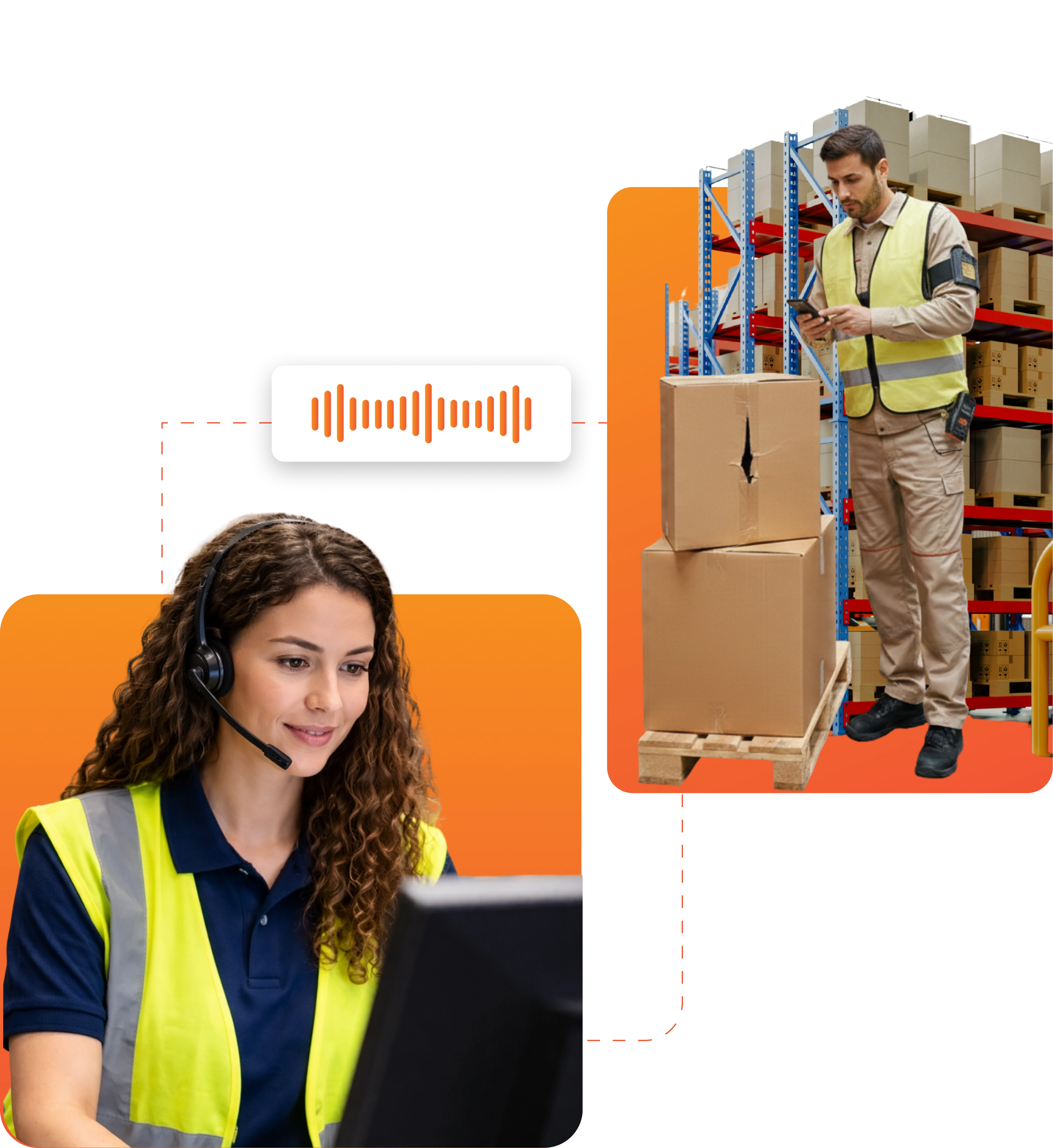 Woman in a safety vest uses a headset while working on the computer, connected by a soundwave graphic to a man inspecting boxes in a warehouse.