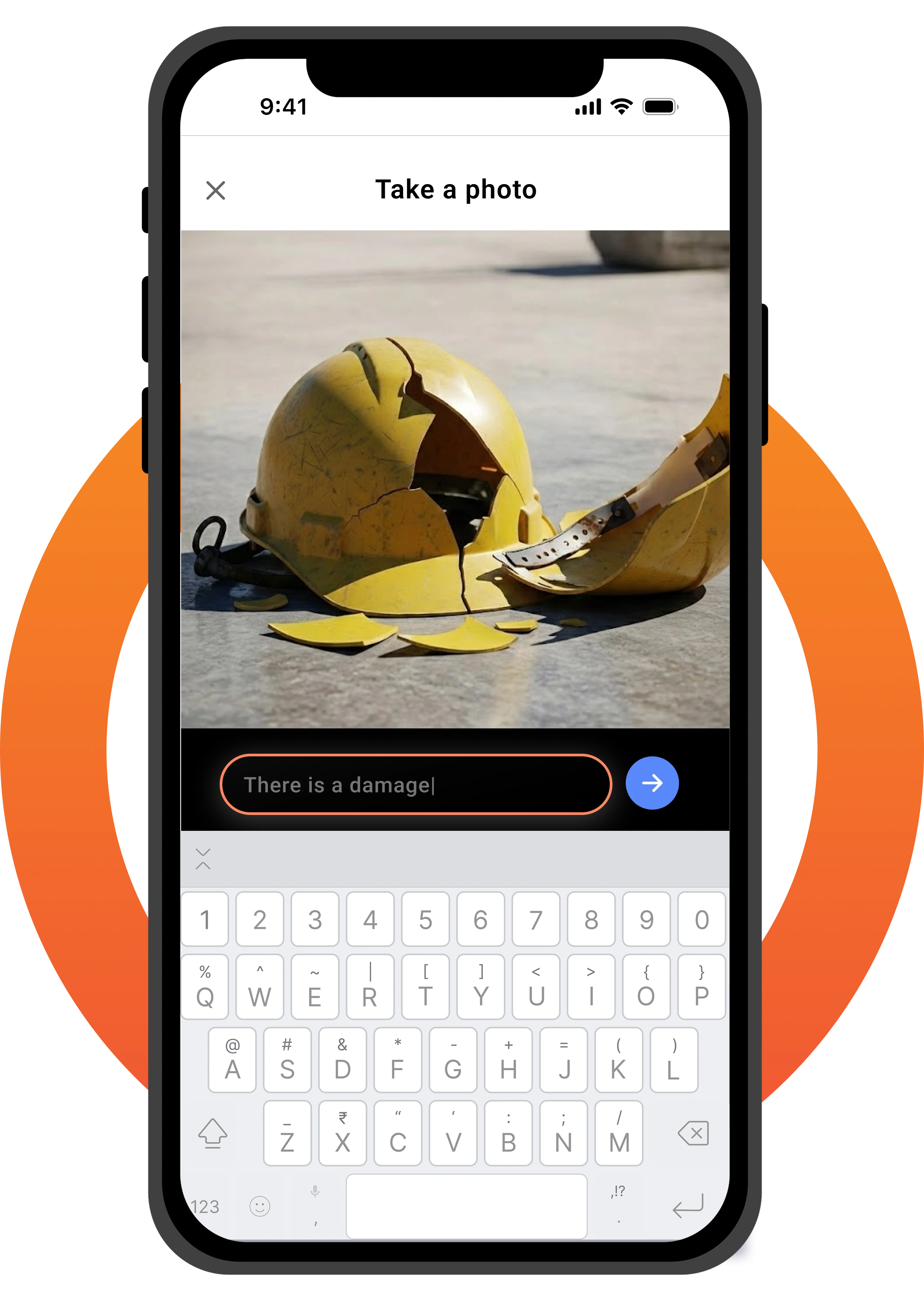 Smartphone screen displays a broken yellow safety helmet on concrete, with a text box reading “There is a damage,” capturing a report of the incident.