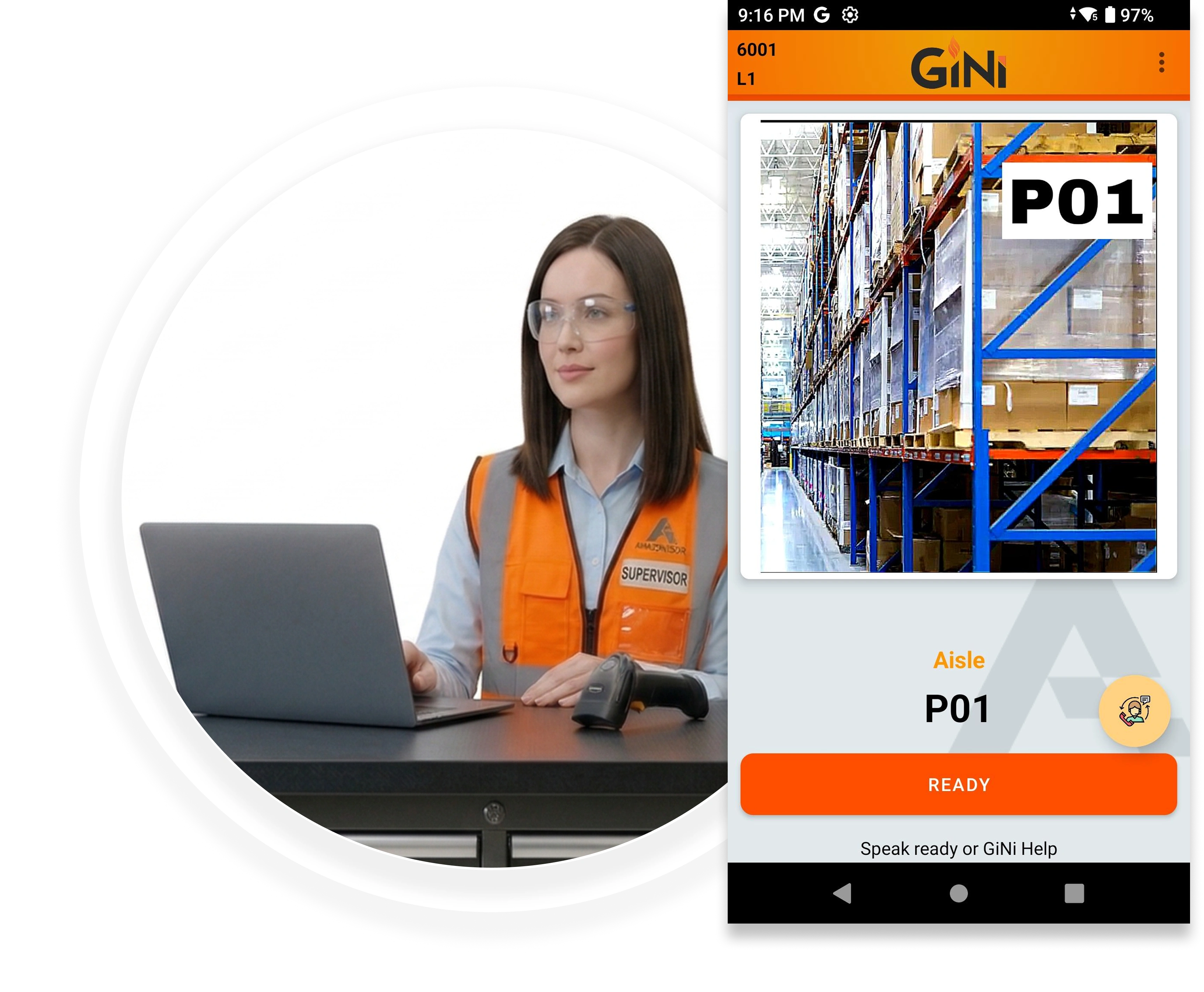Woman in safety gear works on a laptop, while a smartphone screen beside her shows the GiNi app with a warehouse aisle labeled “P01,” conveying a professional and efficient tone.