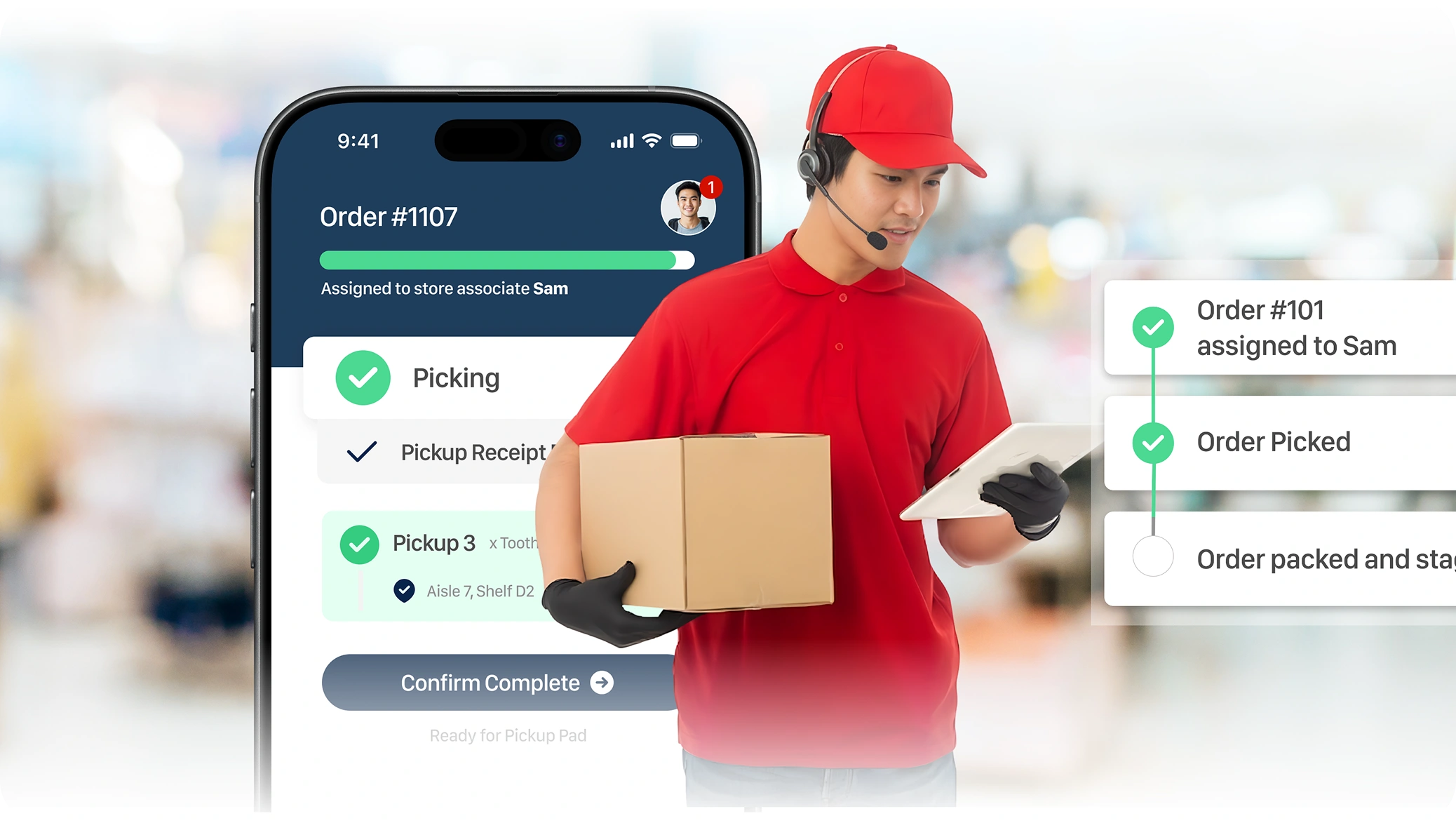 Delivery associate in a red uniform and cap holds a cardboard box and tablet, with a smartphone screen behind him displaying a detailed order tracking app interface.