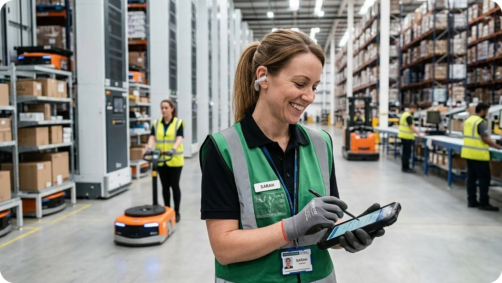 A woman in a green safety vest smiles while using a tablet in a warehouse. In the background, workers and robots move efficiently, conveying teamwork and productivity.