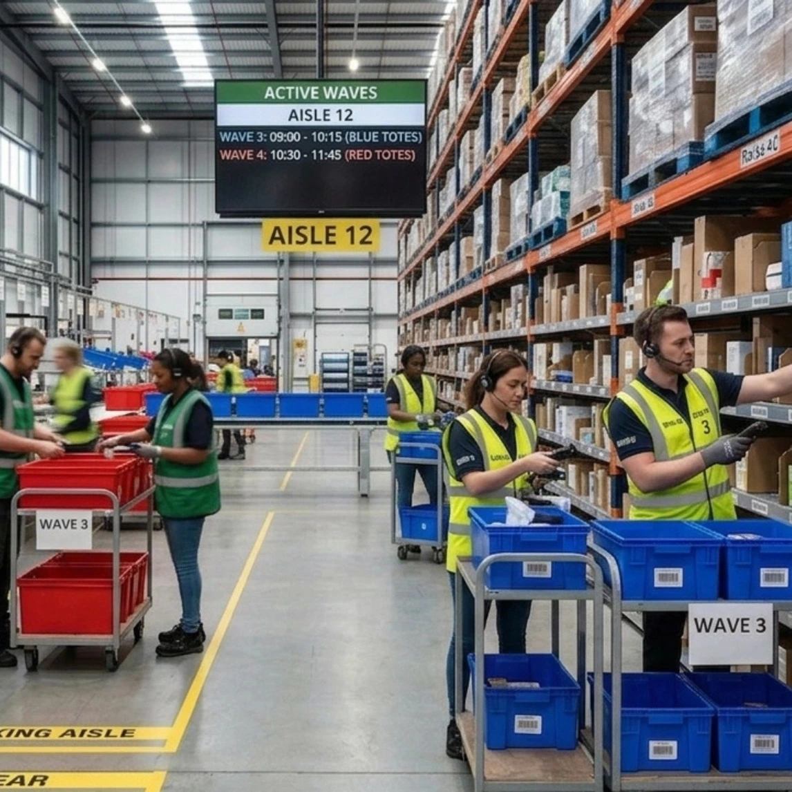 A warehouse worker wearing a headset picks items from blue bins on shelves.