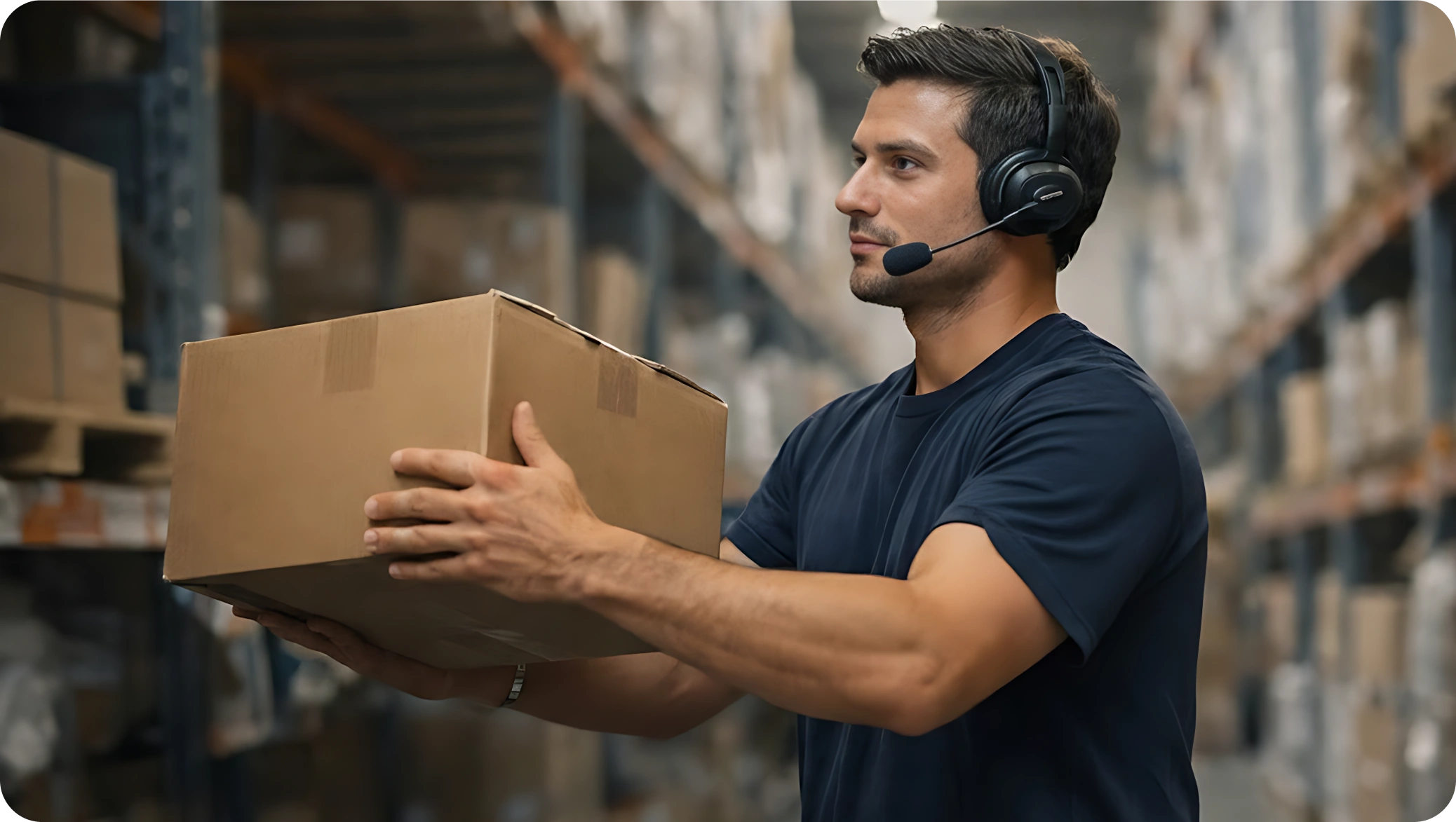 A warehouse worker wearing a headset picks items from blue bins on shelves, demonstrating focused, hands‑free inventory management.