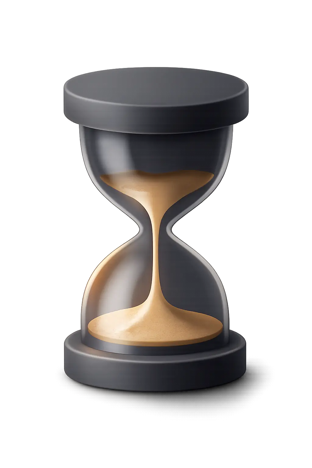 A grey hourglass with golden sand flows from the top chamber to the bottom. Its modern design stands against a dark background, symbolizing the passage of time.