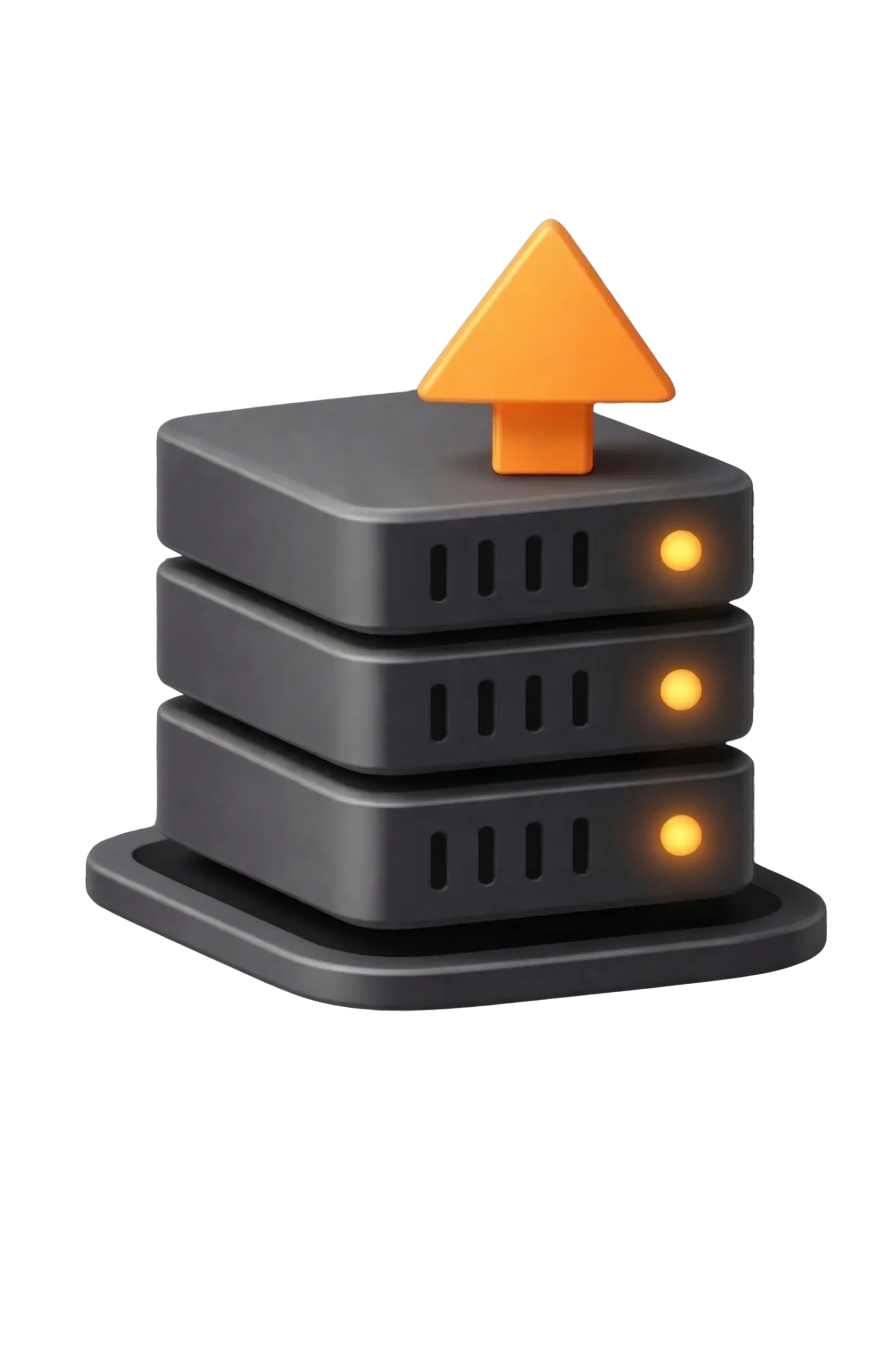 3D server stacks with glowing yellow lights and an orange upward arrow, symbolizing data upload.