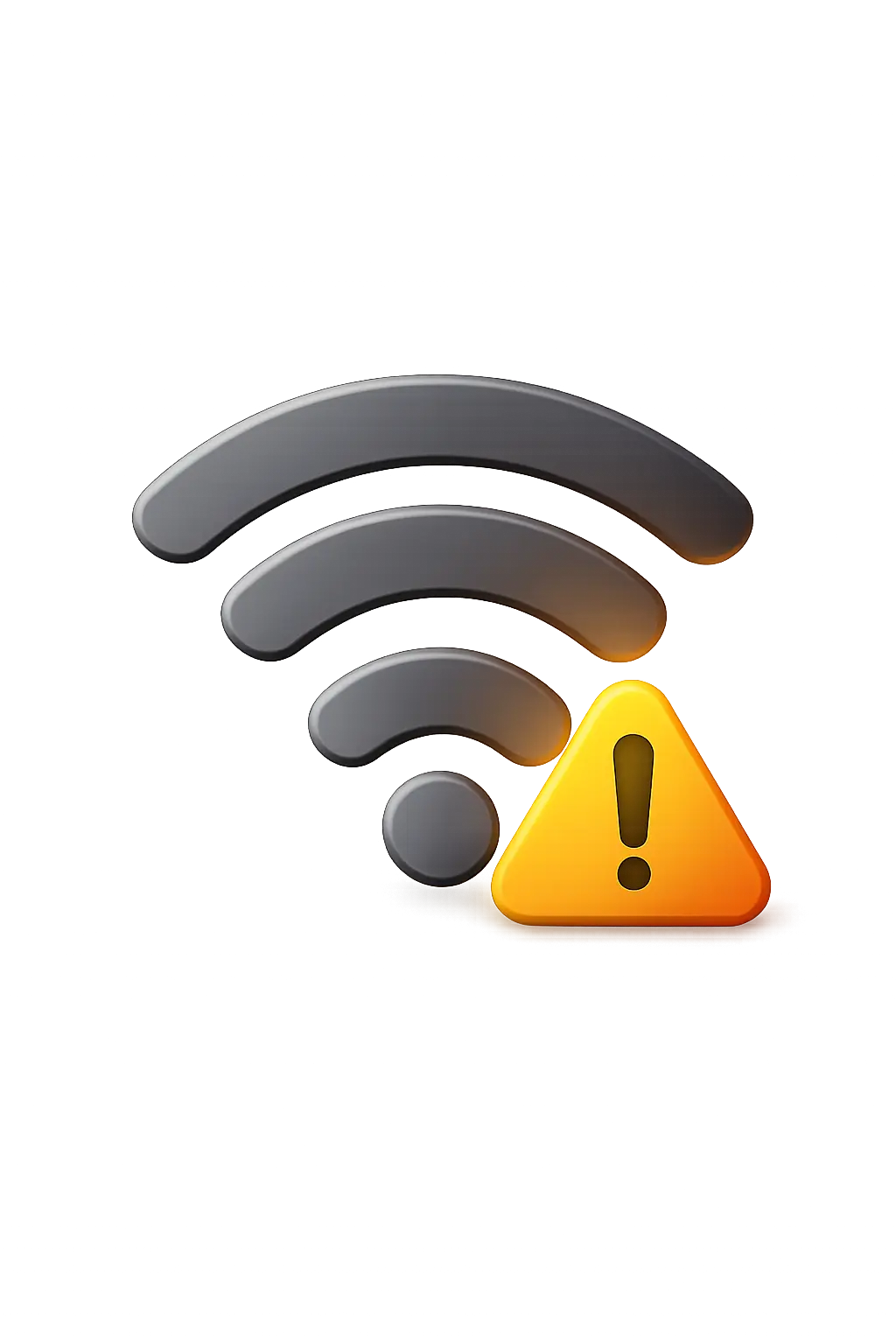 Wi‑Fi signal bars with a yellow warning triangle containing an exclamation mark, set against a black background to indicate network issues.