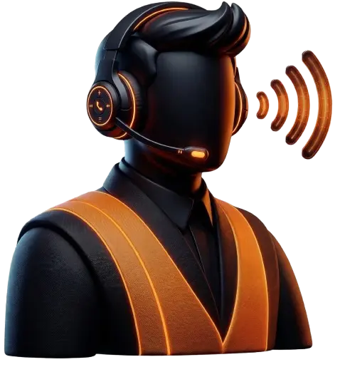 3D icon of a faceless figure wearing a headset with orange sound waves.