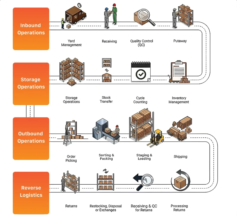 Flowchart illustrating logistics operations. Inbound, storage, outbound, and reverse logistics processes include steps like receiving, storing, and returns.