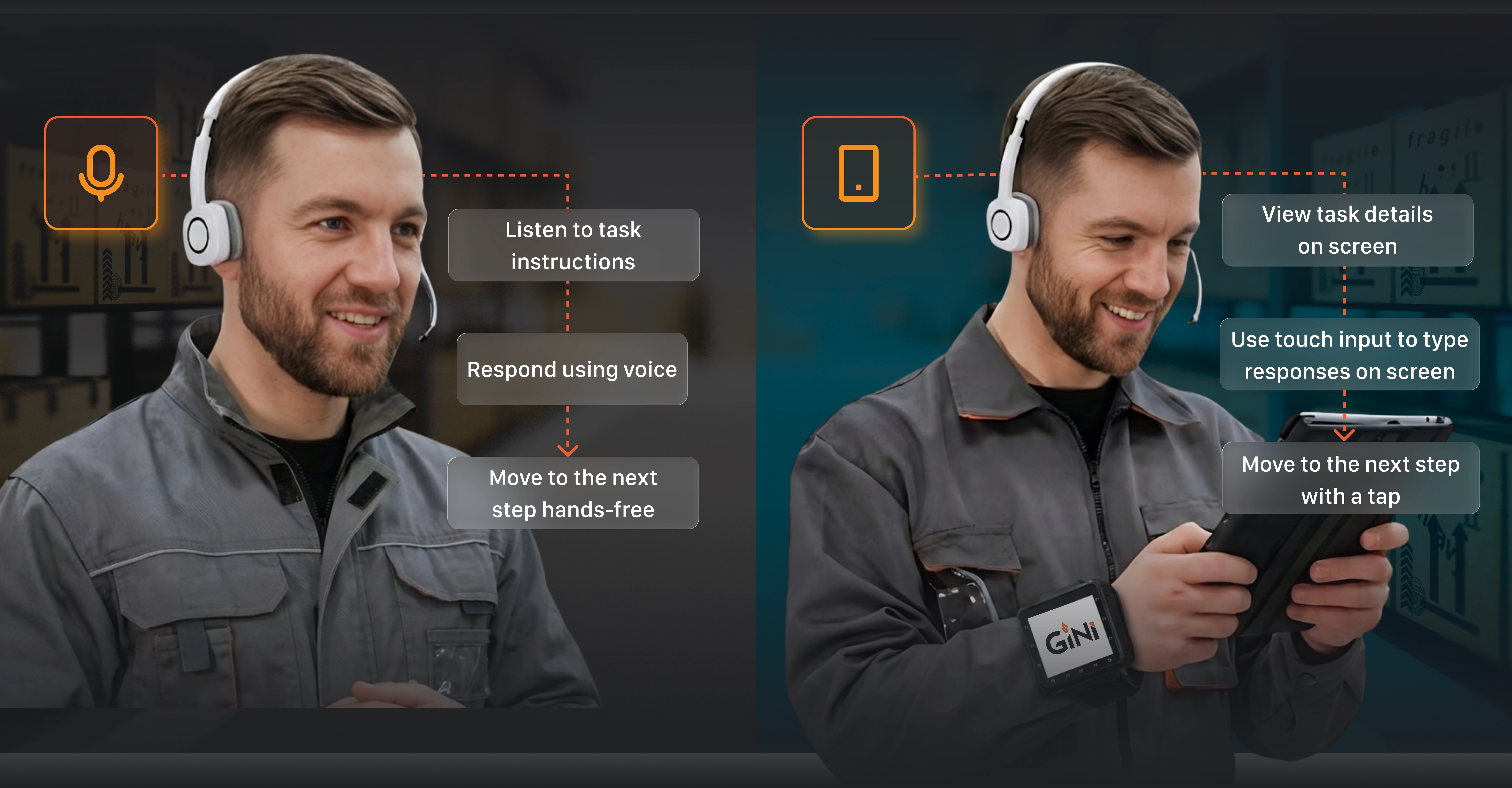 Smiling man wearing a gray work jacket and a white headset, speaking against a black background.