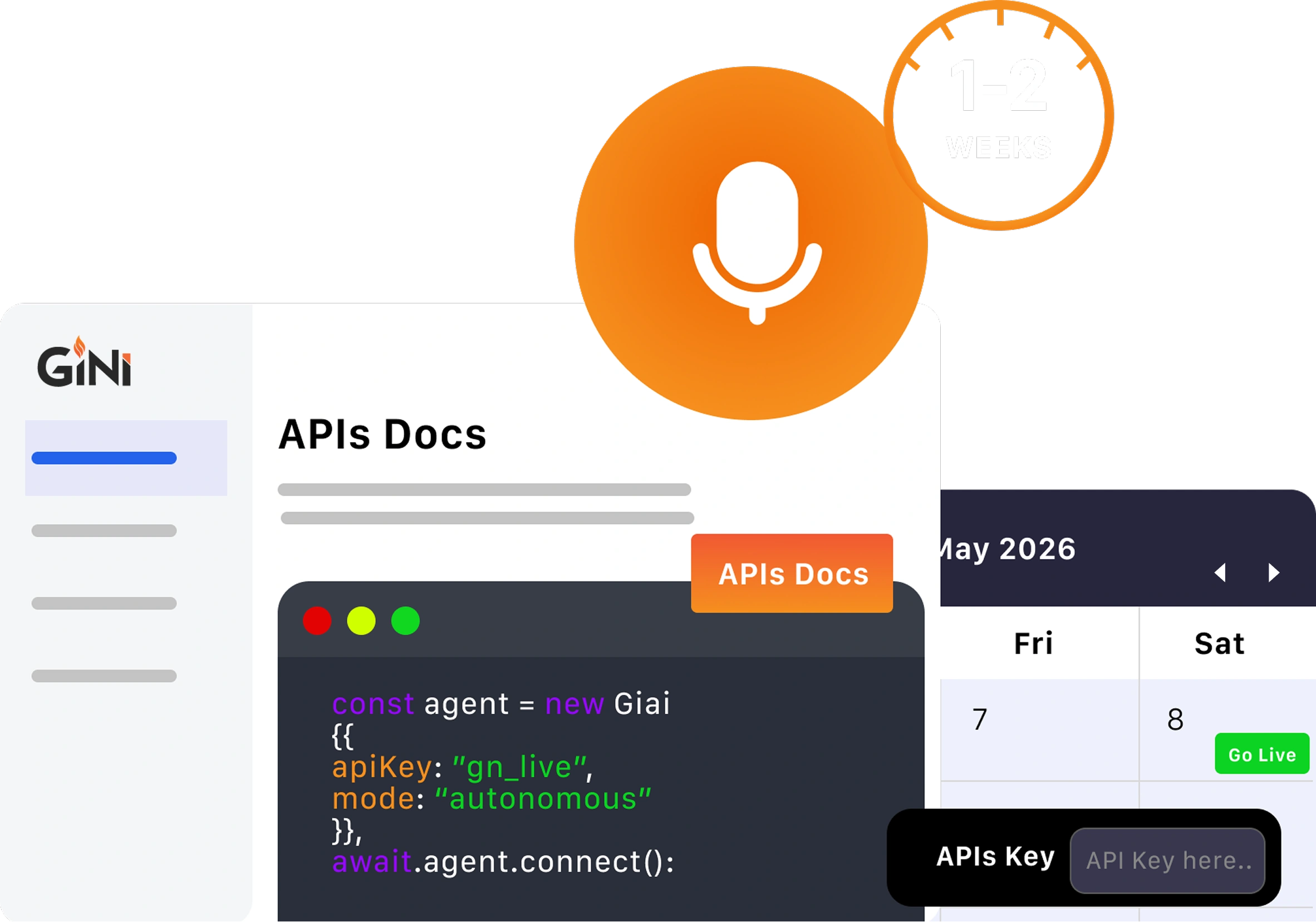 A digital illustration of GiNi API documents with code snippets and a speech icon highlights voice integration. A calendar shows a 1–2 week timeline on a dark background.