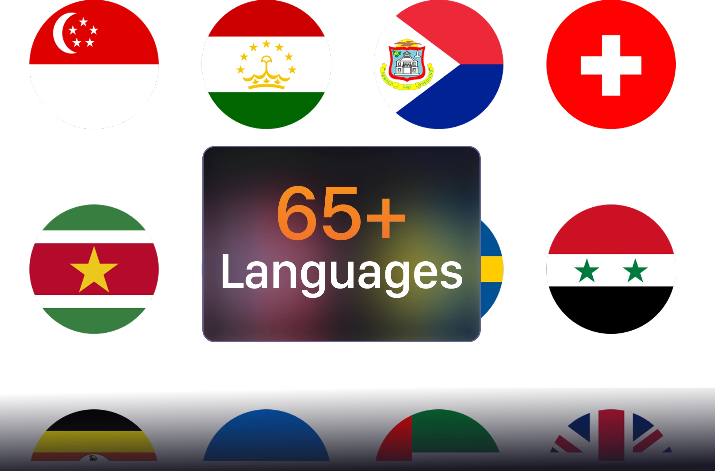 Circular national flags on a dark background surround the text “65+ Languages,” highlighting diverse language support.