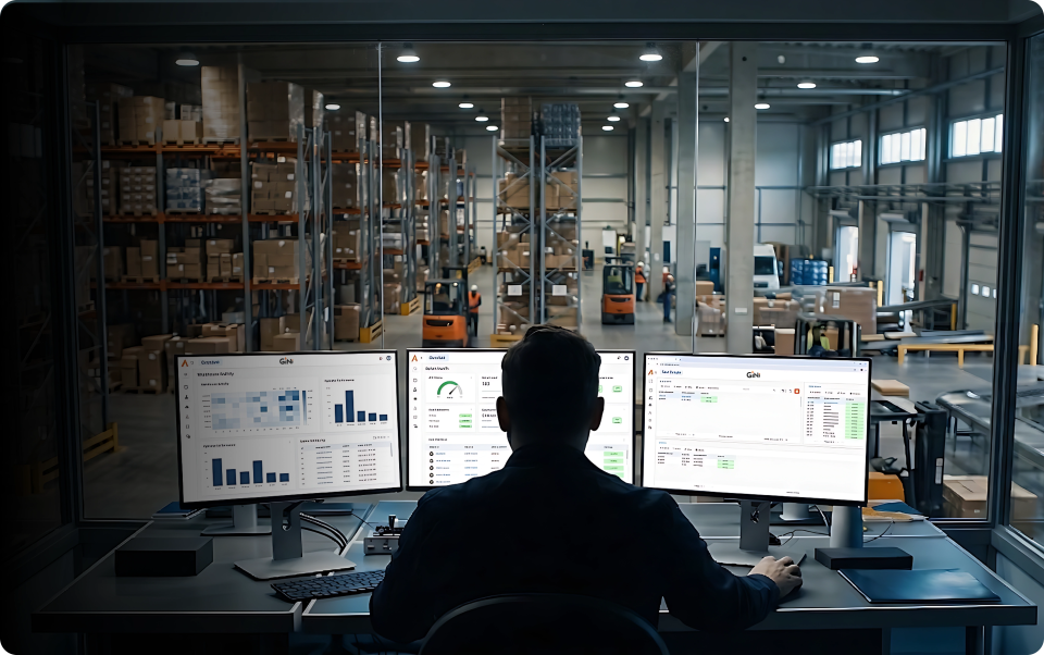 A person monitors warehouse operations on three screens displaying graphs and data. The large warehouse, seen through a window, has boxes on shelves and forklifts in action.