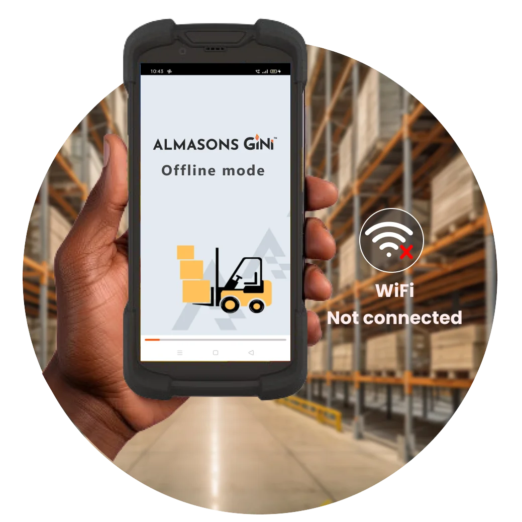 Warehouse operator holding an android device displaying GiNi splash screen.