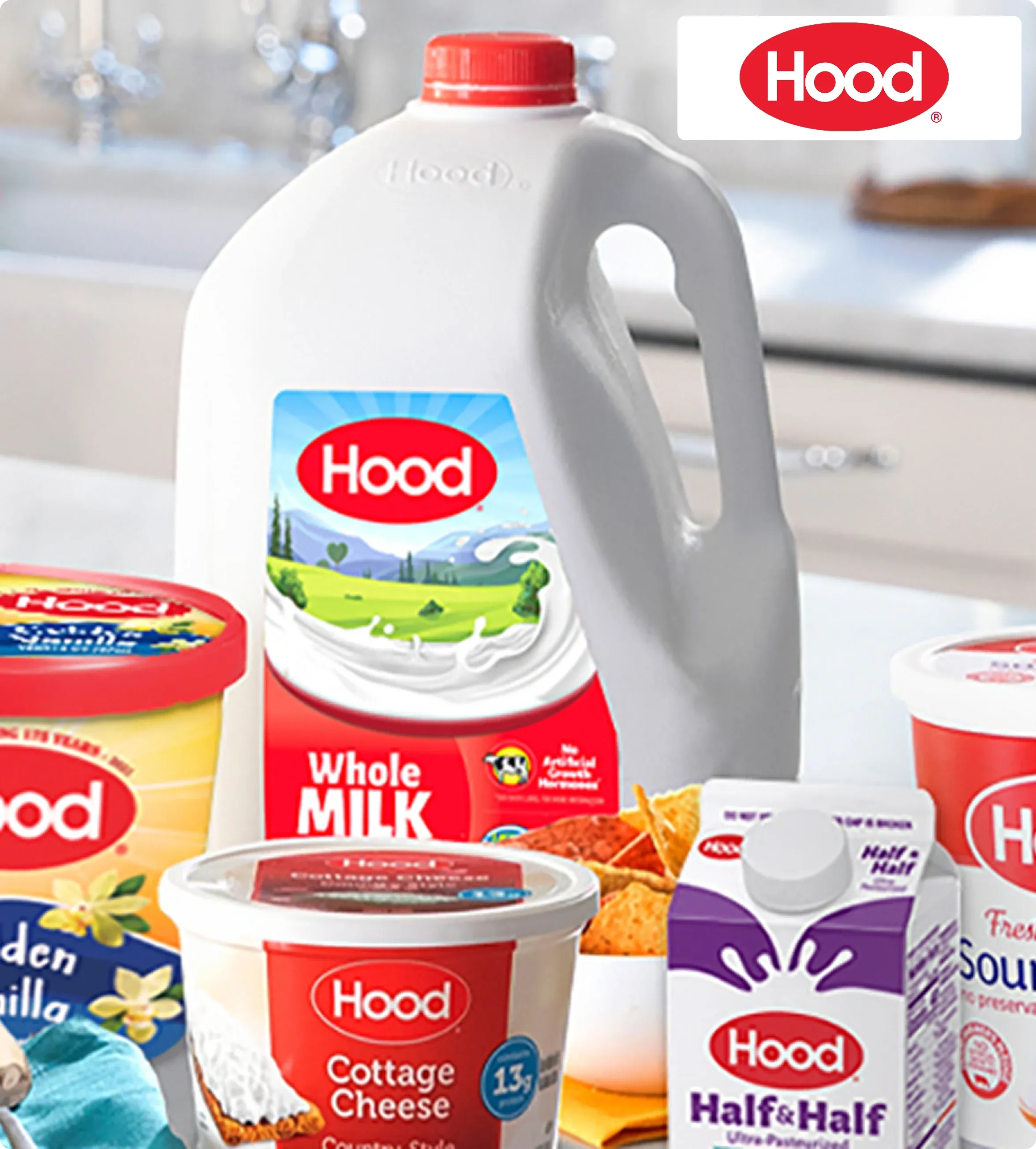 A variety of Hood brand dairy products on a kitchen counter, including a milk jug, sour cream, cottage cheese, half and half, and a yogurt container. 