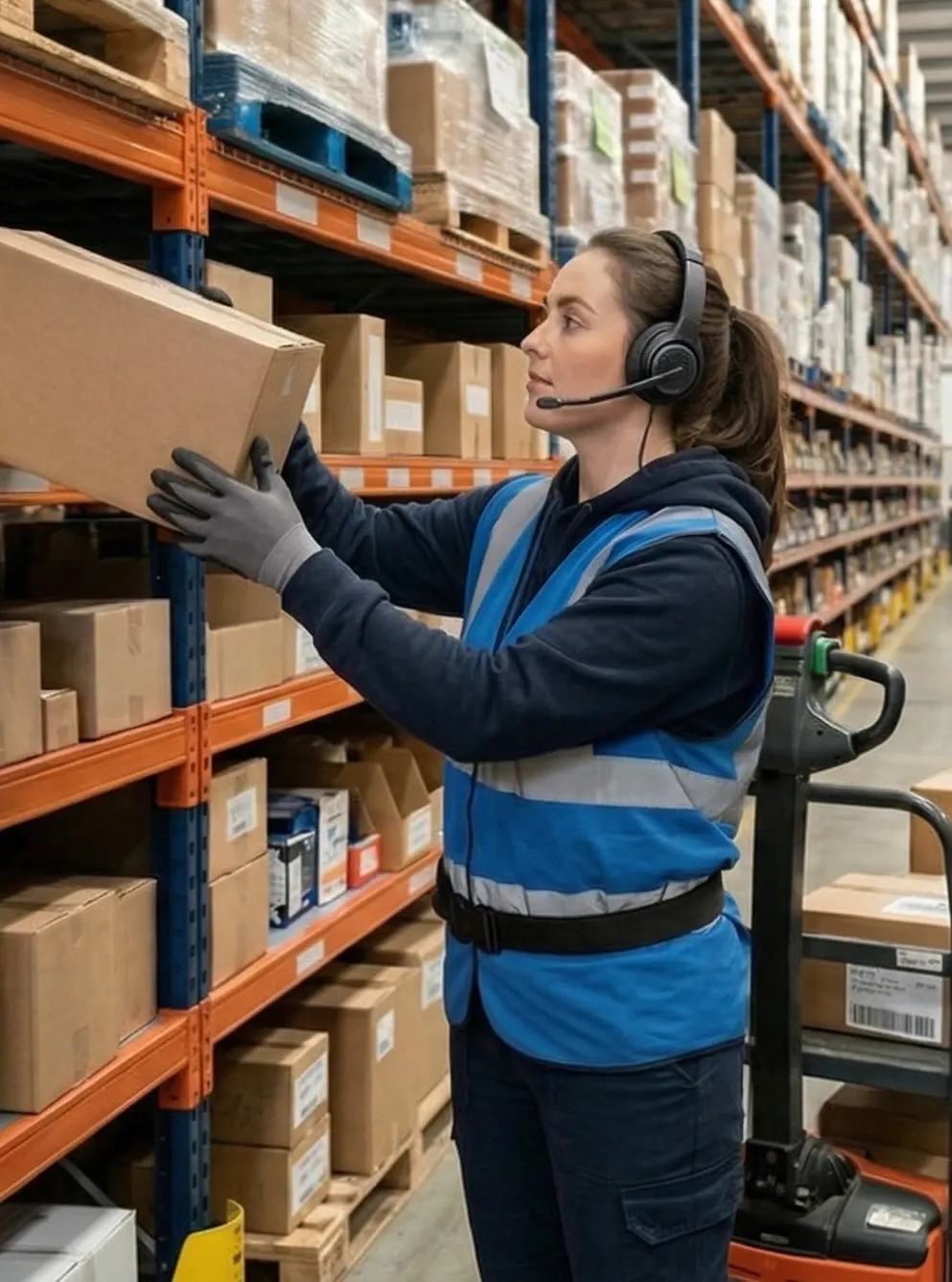 A focused warehouse worker in a blue safety vest and headset is placing a box on a shelf.