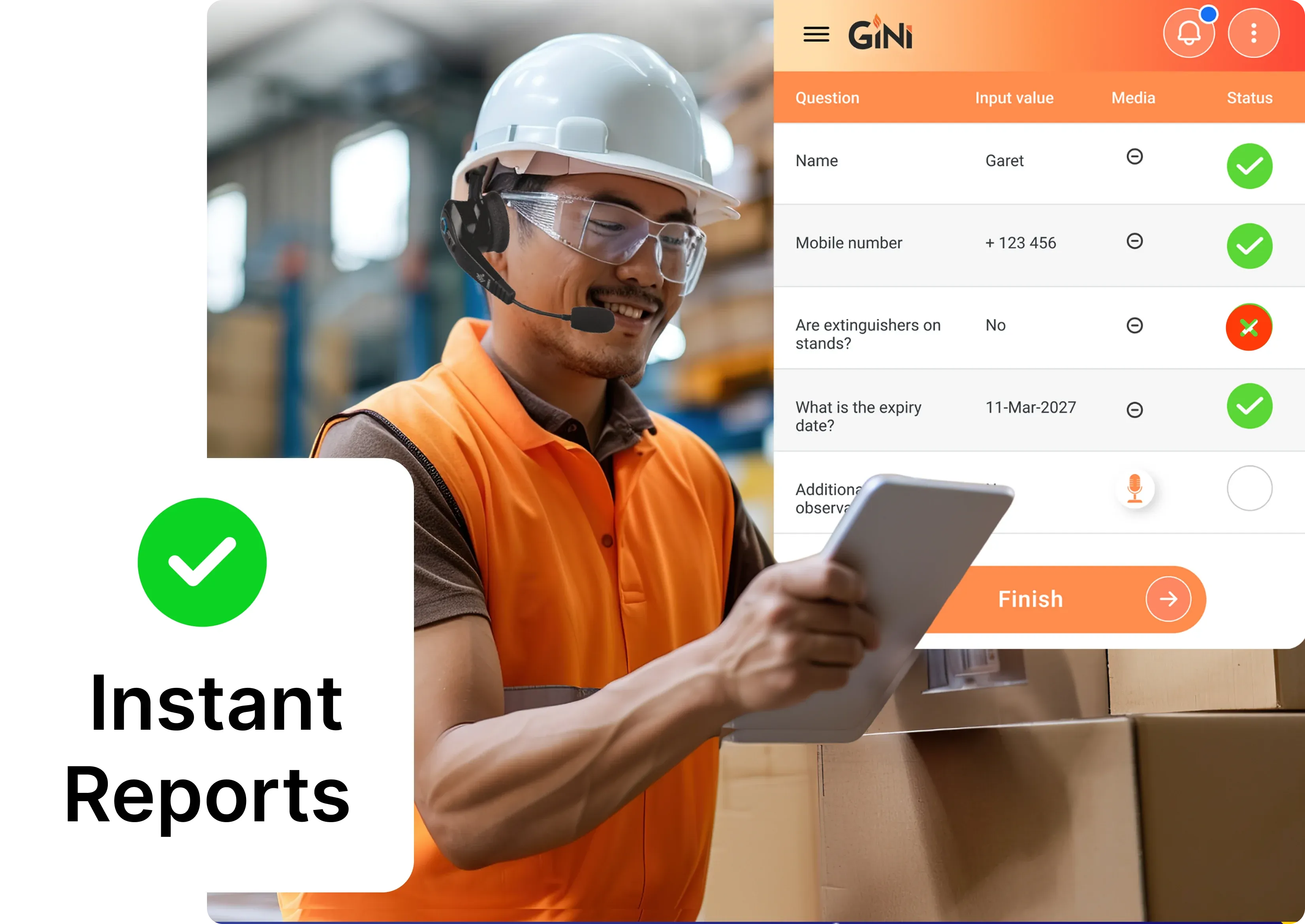 Warehouse worker in hard hat, headset, and safety glasses uses tablet with Gini checklist report showing fields and “Instant Reports” badge in the foreground.