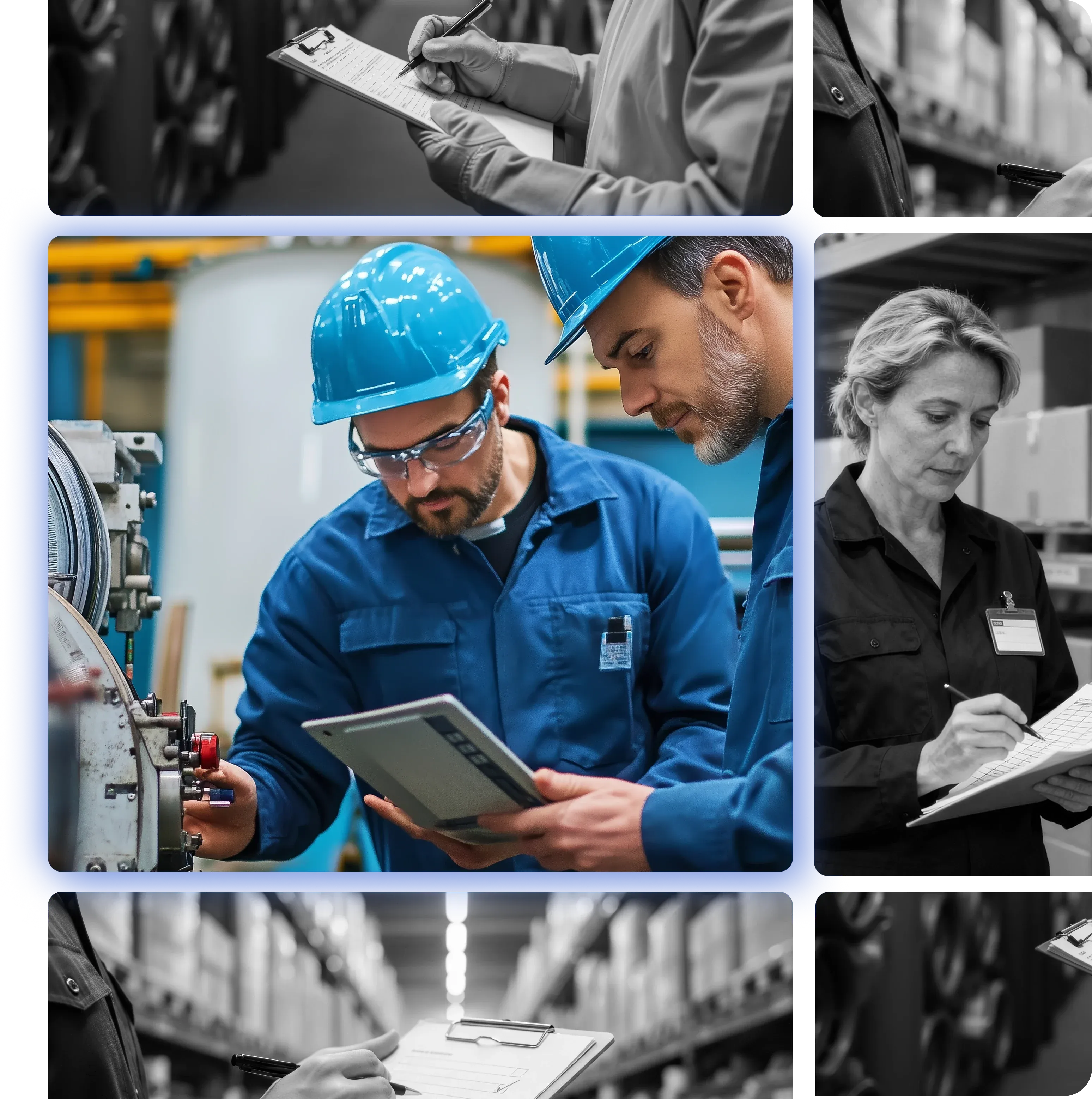 Workers in blue uniforms and hard hats inspect machinery and take notes on tablets in a factory, conveying focus and professionalism.