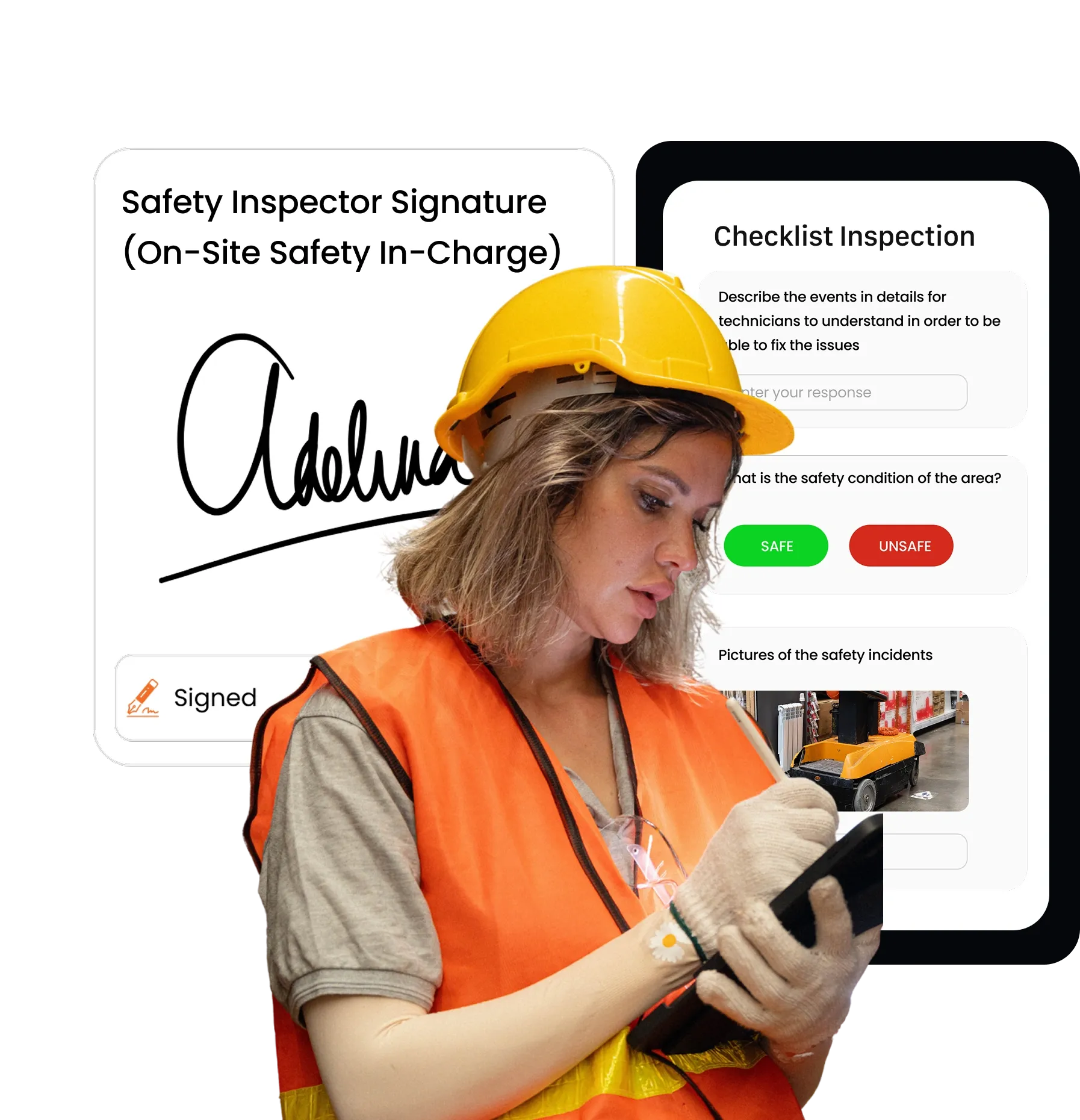 A female safety inspector wearing a hard hat and orange vest signs a digital checklist. She uses a tablet, with visible inspection forms in the background.