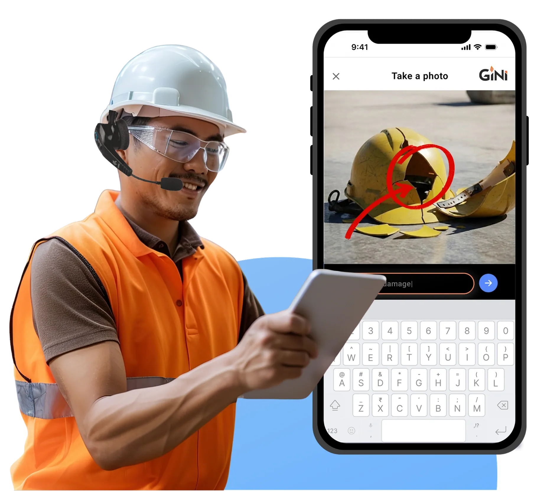 Construction worker in an orange vest and helmet uses a tablet to capture evidence. A smartphone screen shows a photo of a damaged hat.