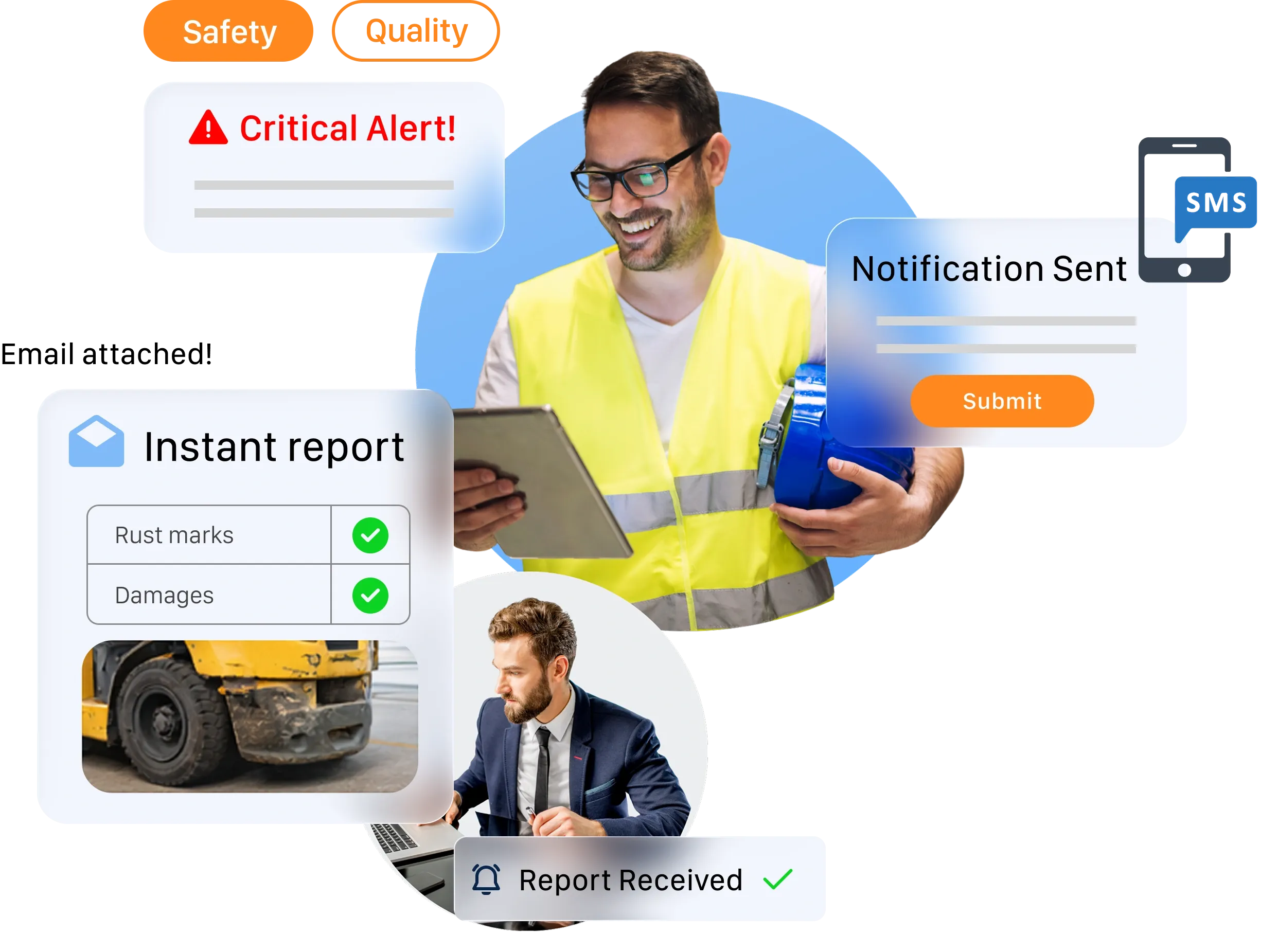 Worker in yellow vest checks tablet with icons Critical Alert, Instant Report, and Notification Sent and businessman below.