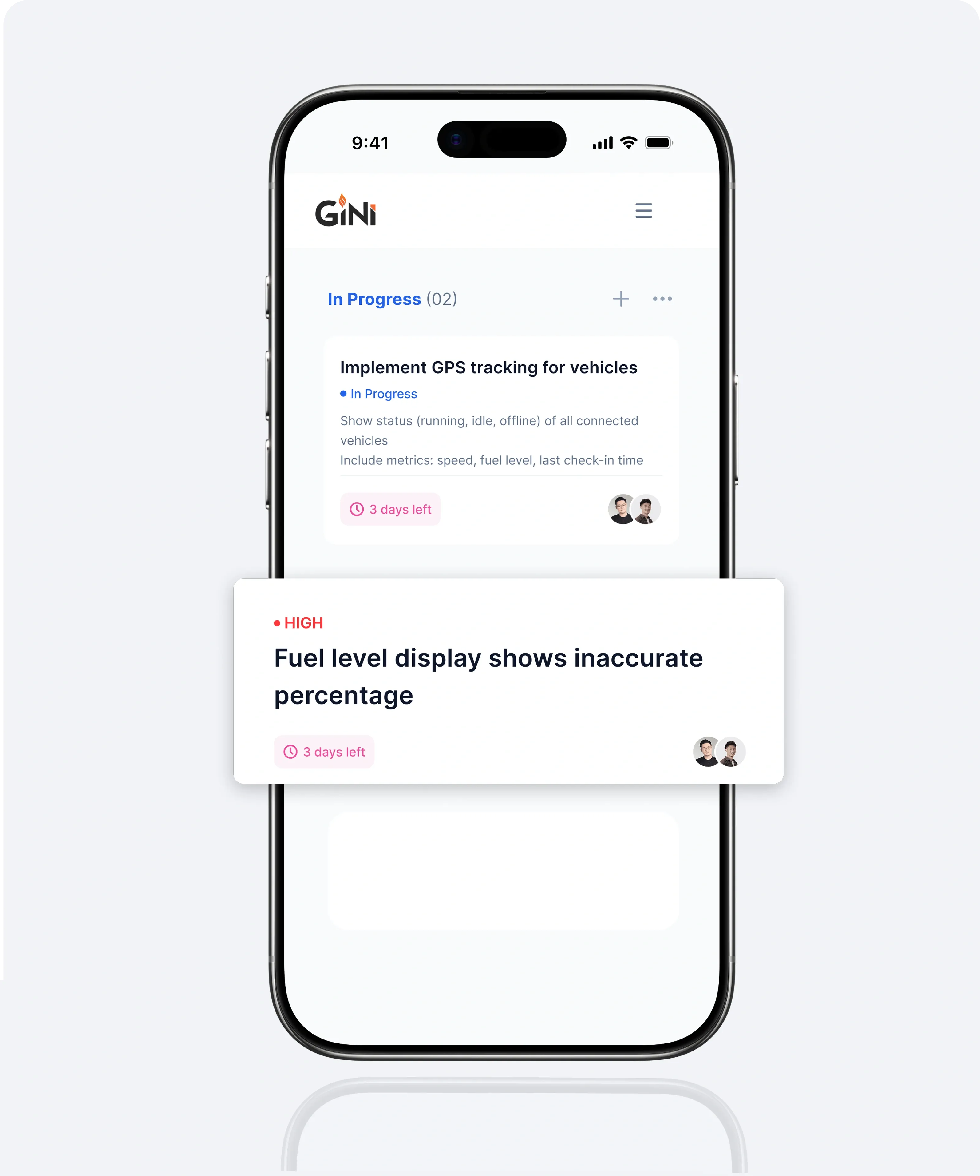 Smartphone screen displaying Gini project management app with tasks listed One highlighted task read: Fuel level display shows inaccurate percentage.