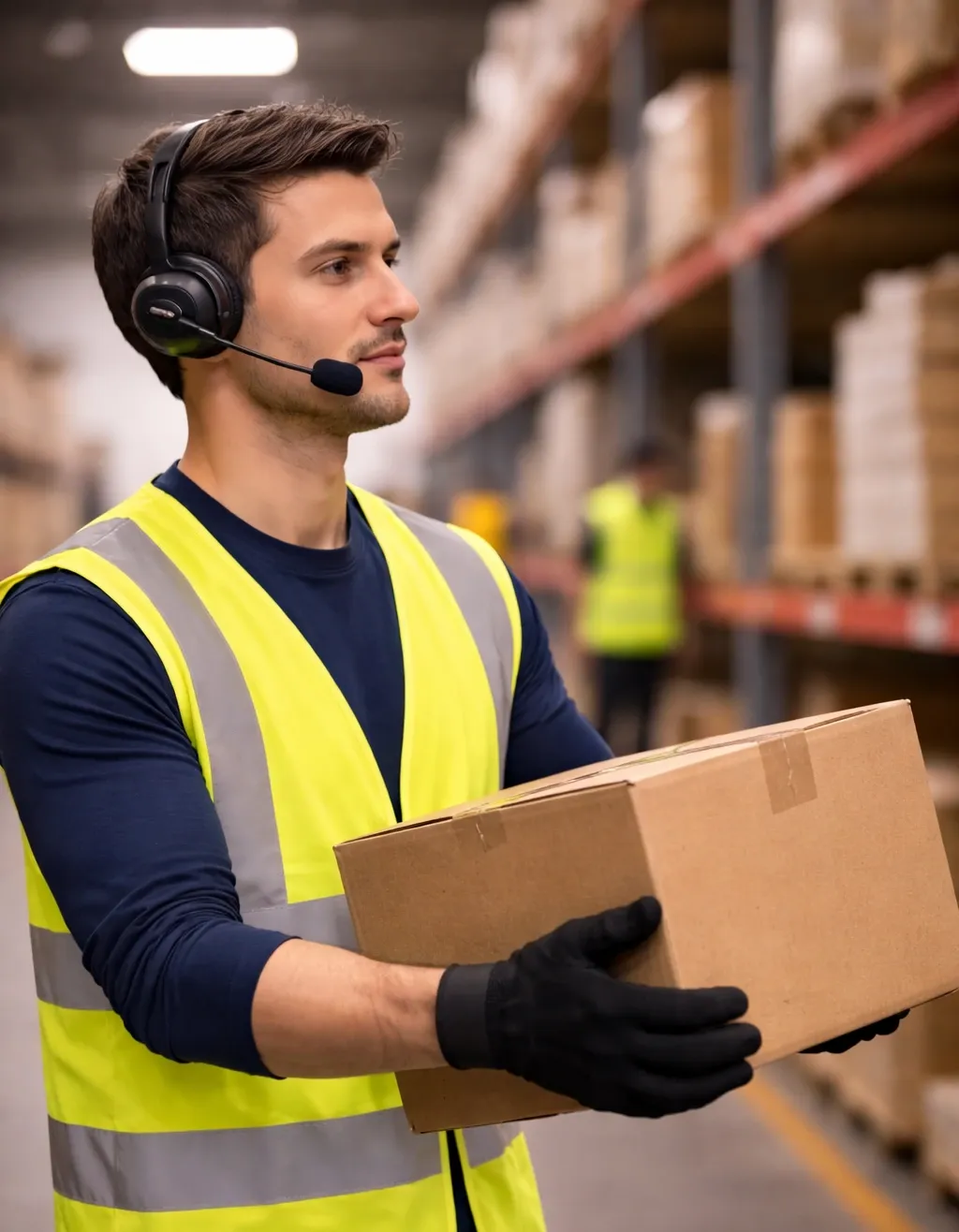 A warehouse worker in a yellow vest and headset carries a box. Shelves filled with boxes in the blurred background.