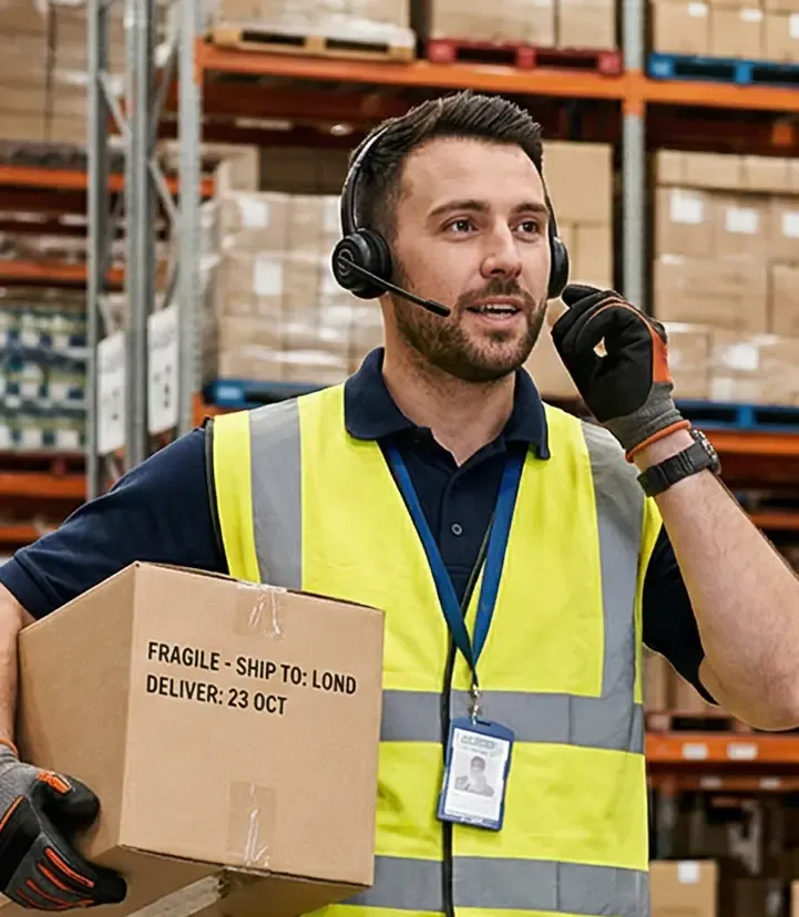 A warehouse worker in a yellow safety vest holds a labelled cardboard box while speaking into a headset. Shelves filled with packages in the background highlight a busy, organized environment. 