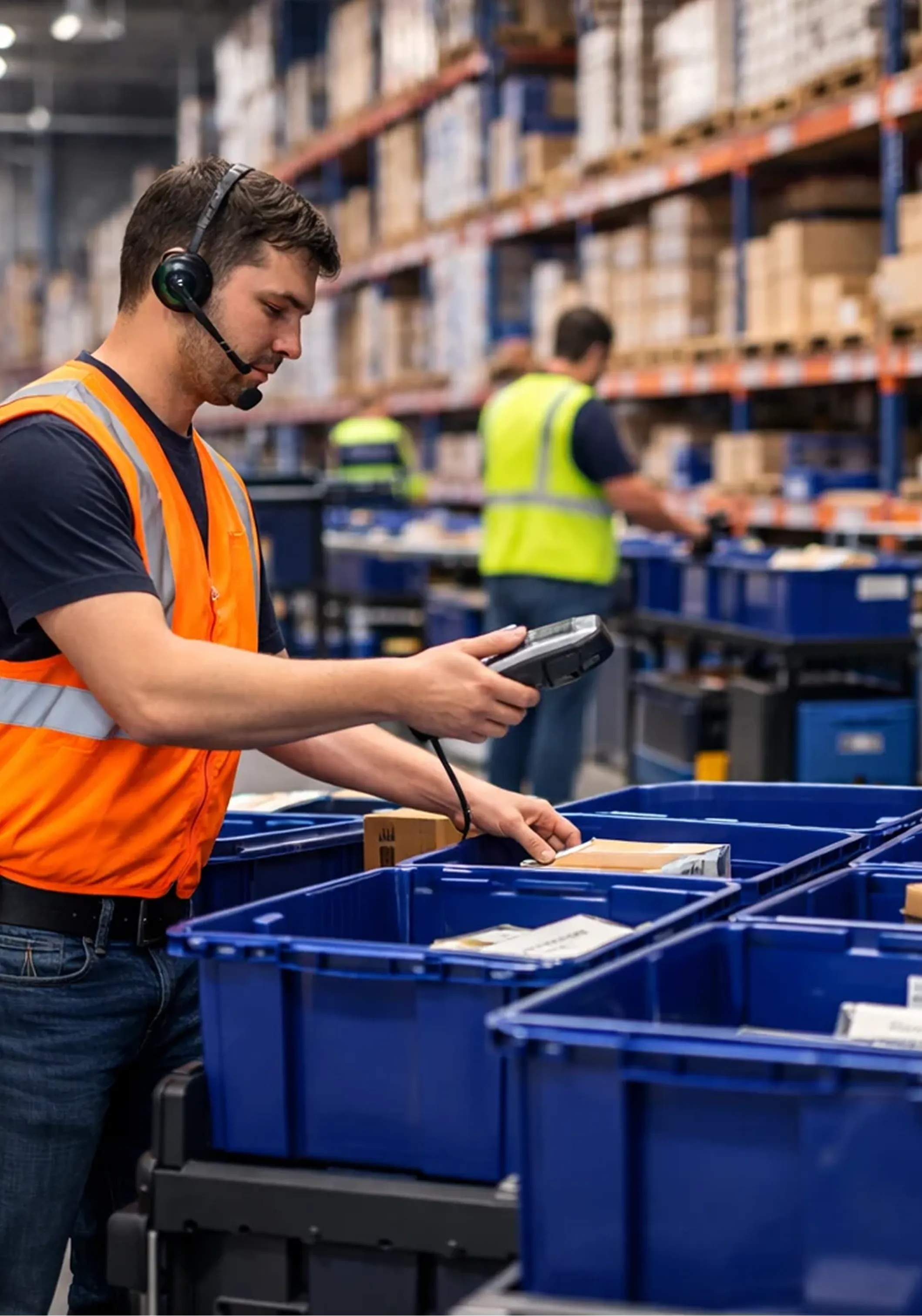 A warehouse worker in an orange vest uses a scanner to check inventory in blue bins. Shelves with boxes line the background. The scene is busy and organized.