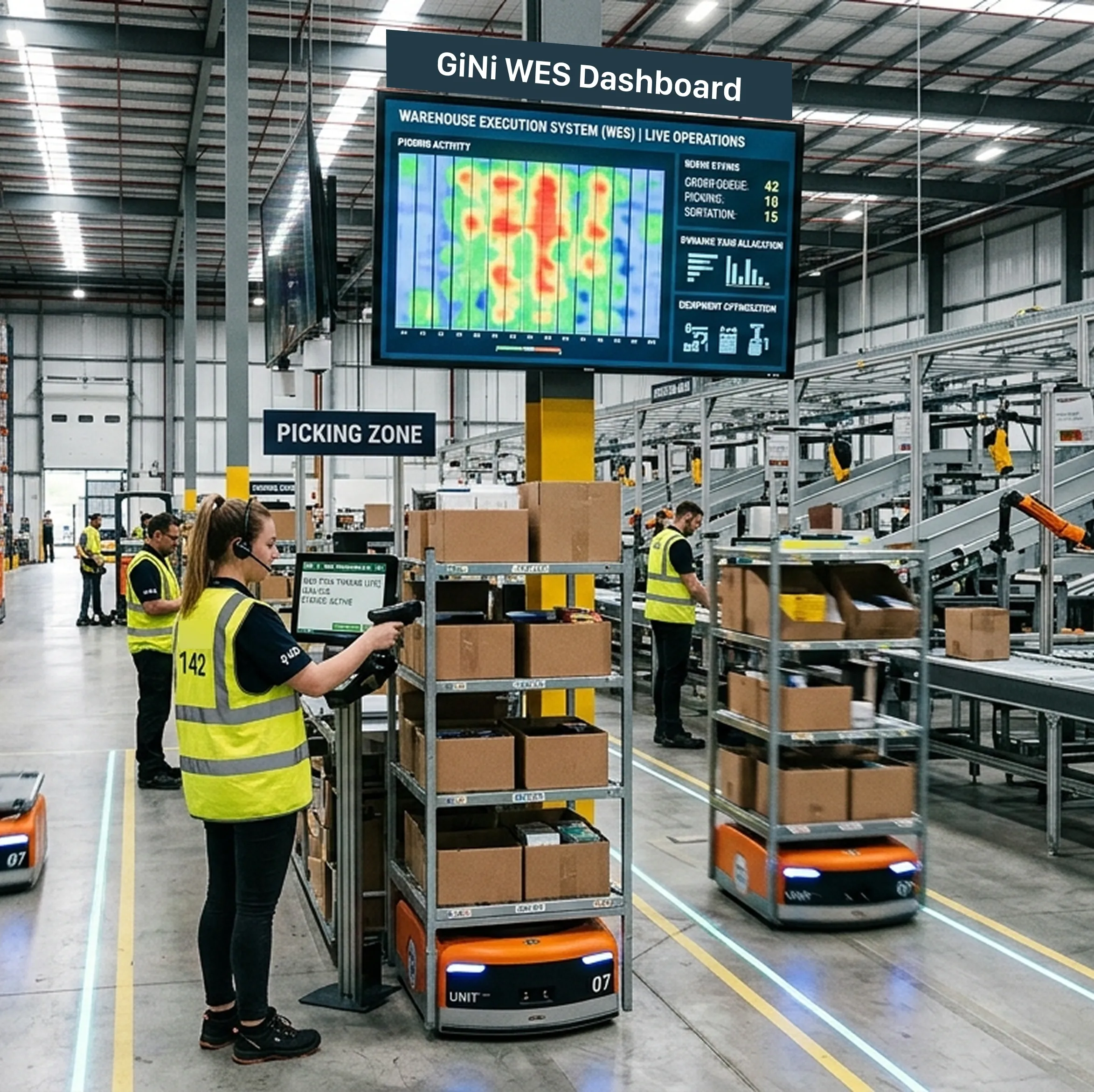 Warehouse with workers in yellow vests, scanning boxes on robots. A large digital dashboard displays operational data. Busy, high-tech atmosphere.