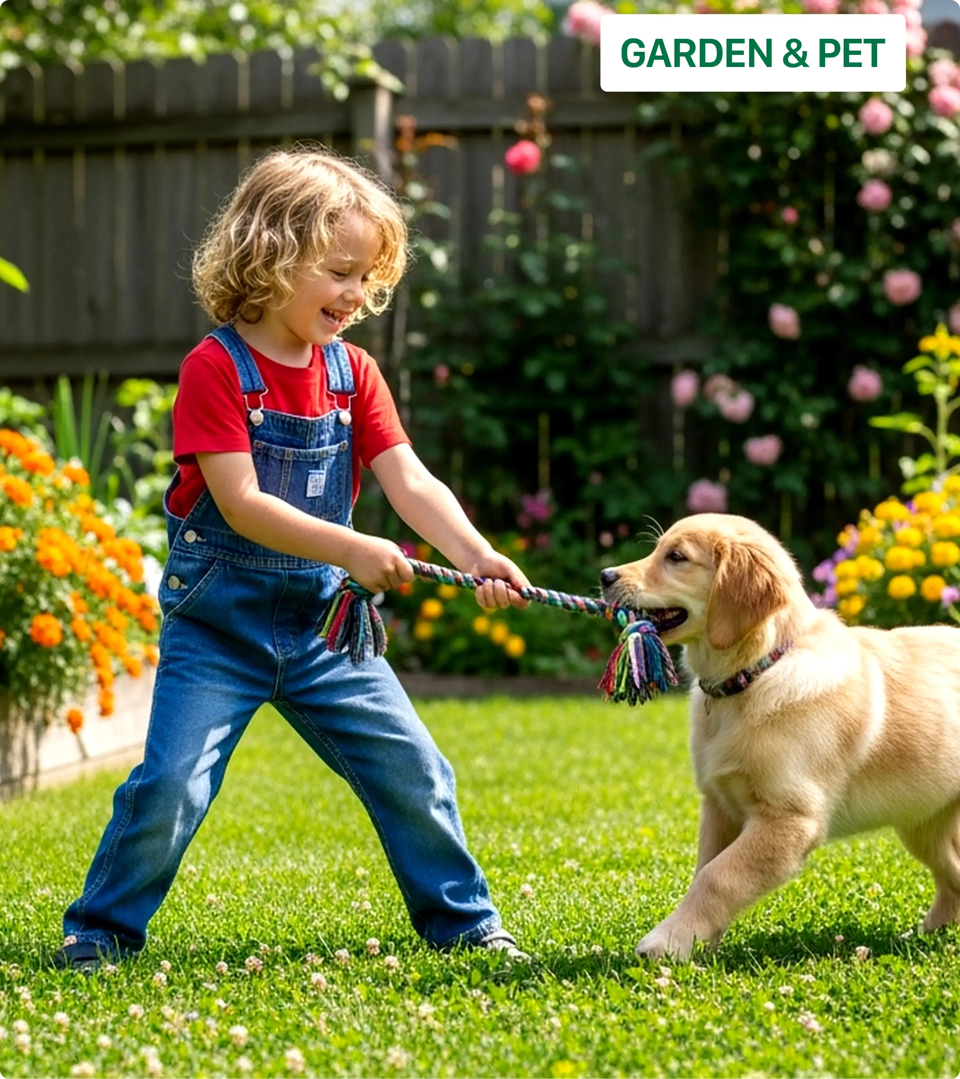 A woman in a blue dress joyfully throws a frisbee for her golden retriever in a sunlit garden