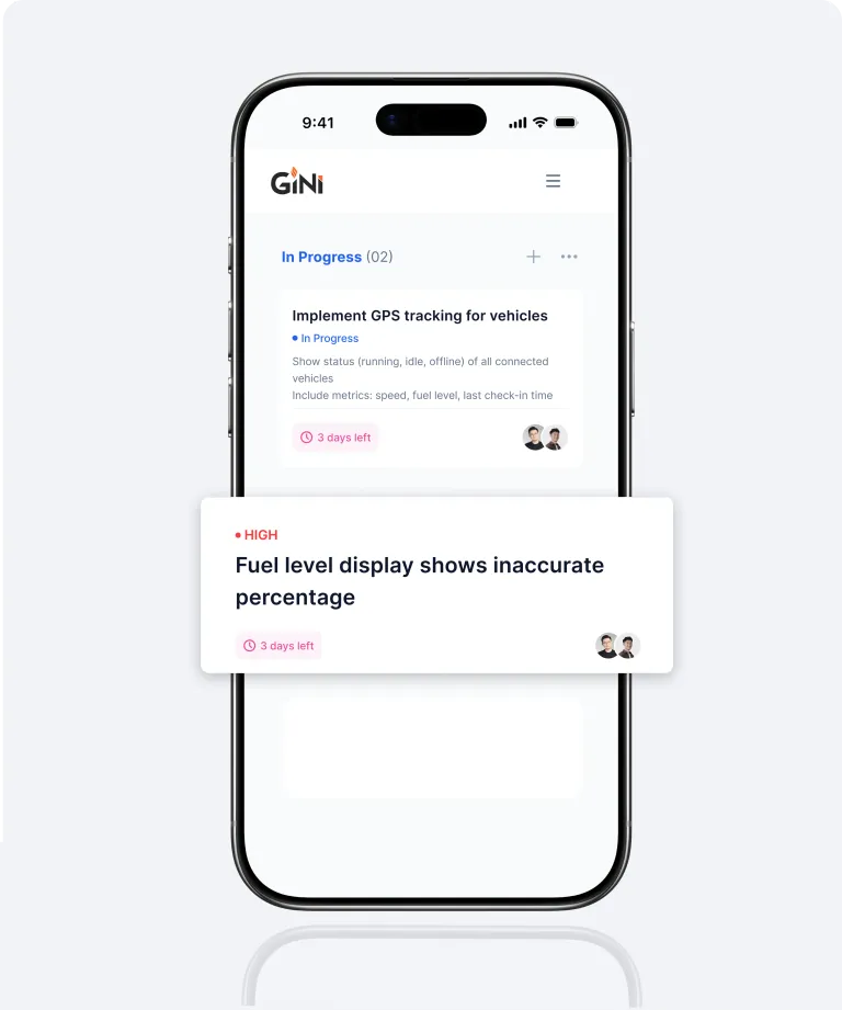 Smartphone screen displaying Gini project management app with tasks listed One highlighted task read: Fuel level display shows inaccurate percentage.